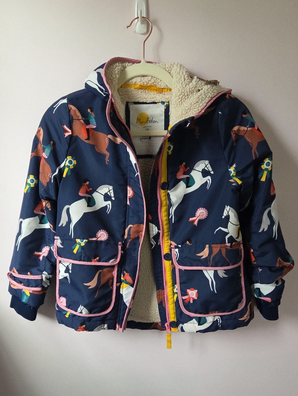 Mini Boden Navy Horse Print Hooded Sherpa Lined Jacket with Pink Trim